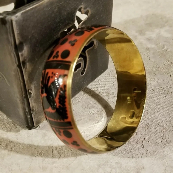 India Brass Bangle Bracelet with Black Orange Red Peace Dove Olive Branch Design - Picture 2 of 6